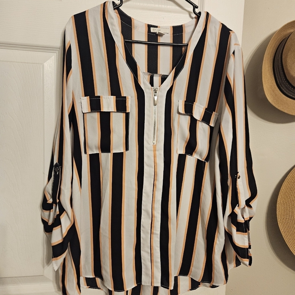 Cato Vertical Stripe Zip-Front Tunic - White, Black & Tan